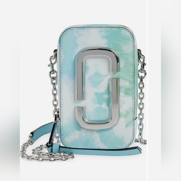 Marc Jacobs Hot Shot Leather Crossbody Bag Silver Chain Tie Dye Blue Multi NWT - Picture 1 of 13